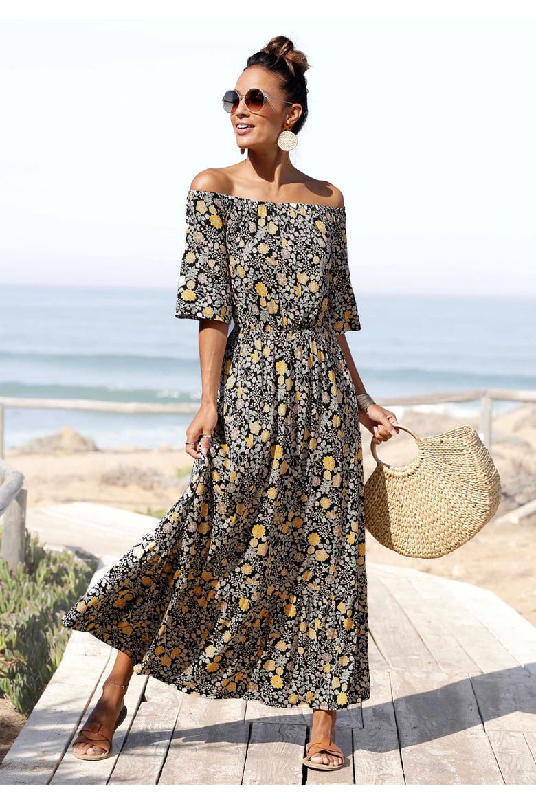 Floral Off Shoulder Maxi Dress, Alternate, color, Black & Yellow