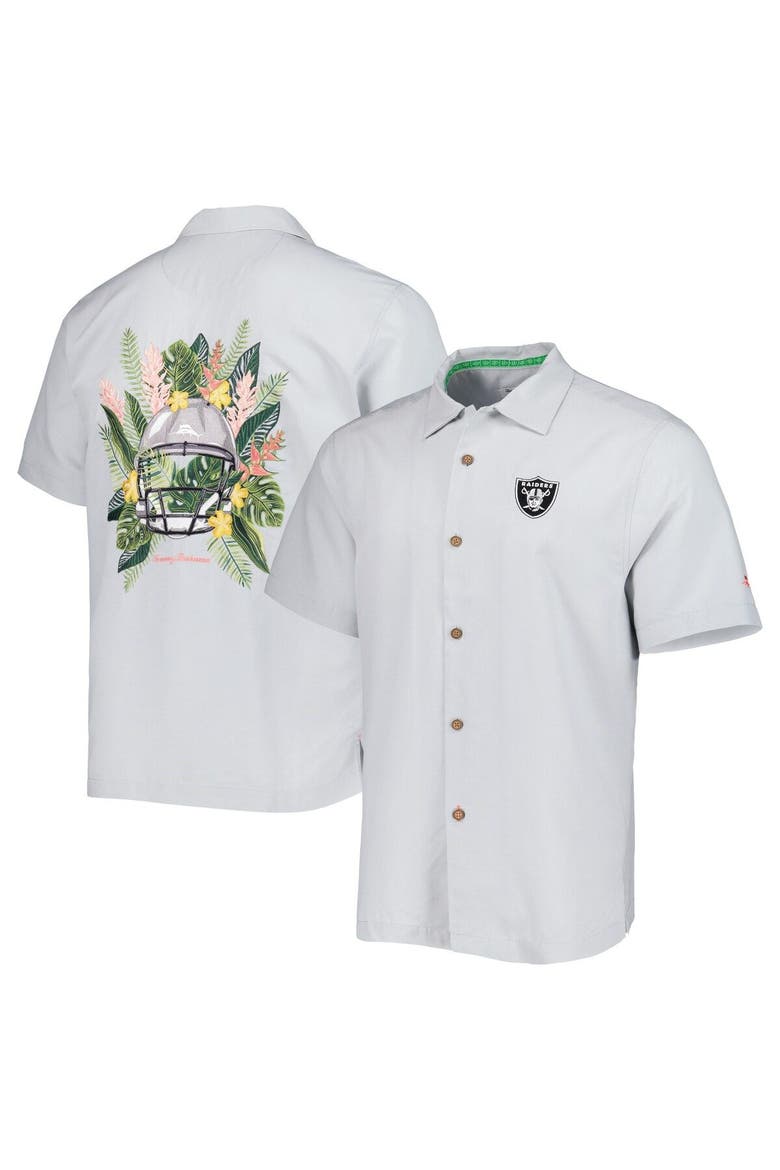 Men's Tommy Bahama Gray Las Vegas Raiders Coconut Point Frondly Fan Camp IslandZone Button-Up Shirt, Main, color, Gray