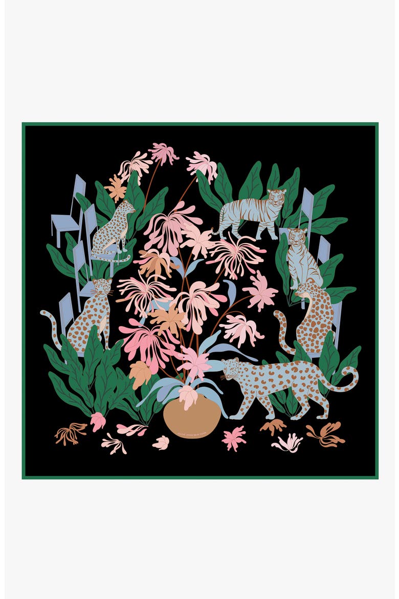 Double Sided Silk Scarf Night Jungle Gathering, Main, color, Black