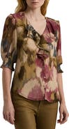 Lauren Ralph Lauren Ruffle Neck Crinkle Covered Button Top