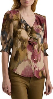 Lauren Ralph Lauren Ruffle Neck Crinkle Covered Button Top