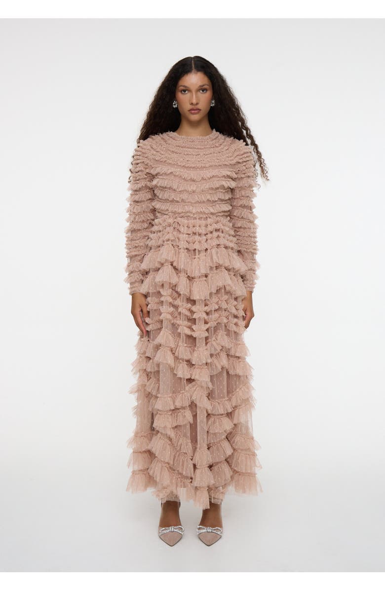 MARYISA Modest Ruffle Dress Maxi With Self Print, Alternate, color, Taupe Blush