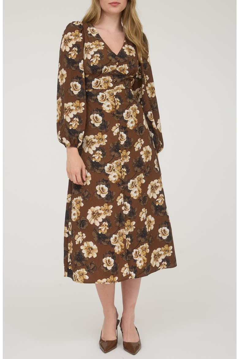 Floral Long Sleeve Maxi Dress, Main, color, BROWN MULTI