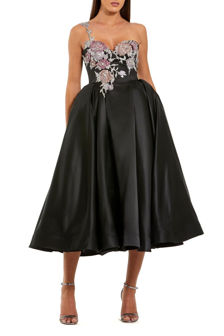 One Shoulder Satin Midi Dress With Beaded Flowers, Main, color, Black Multi