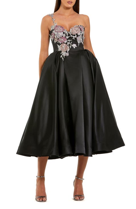 One Shoulder Satin Midi Dress With Beaded Flowers