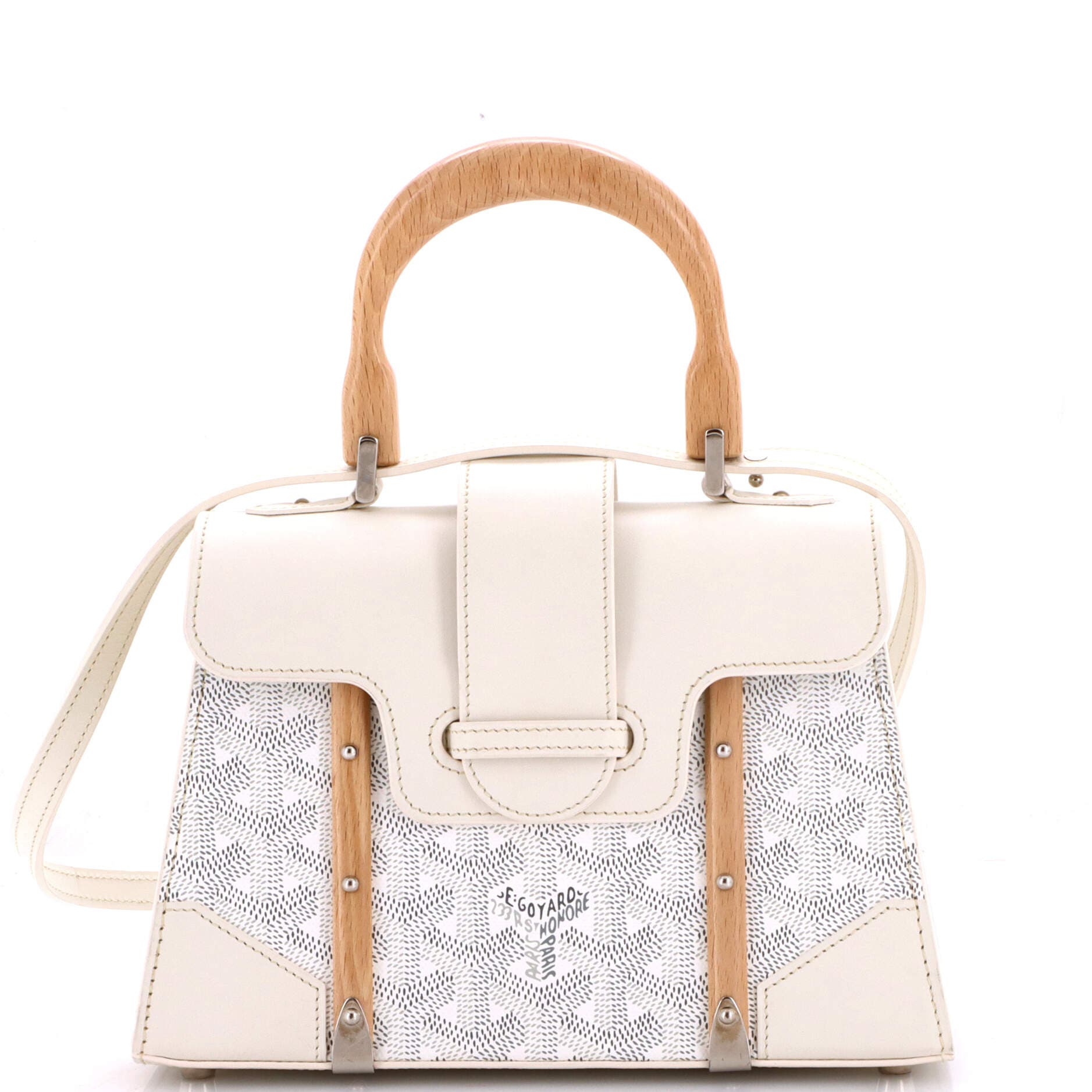 Structured Saigon Top Handle Bag Coated Canvas with Leather Mini, Main, color, White