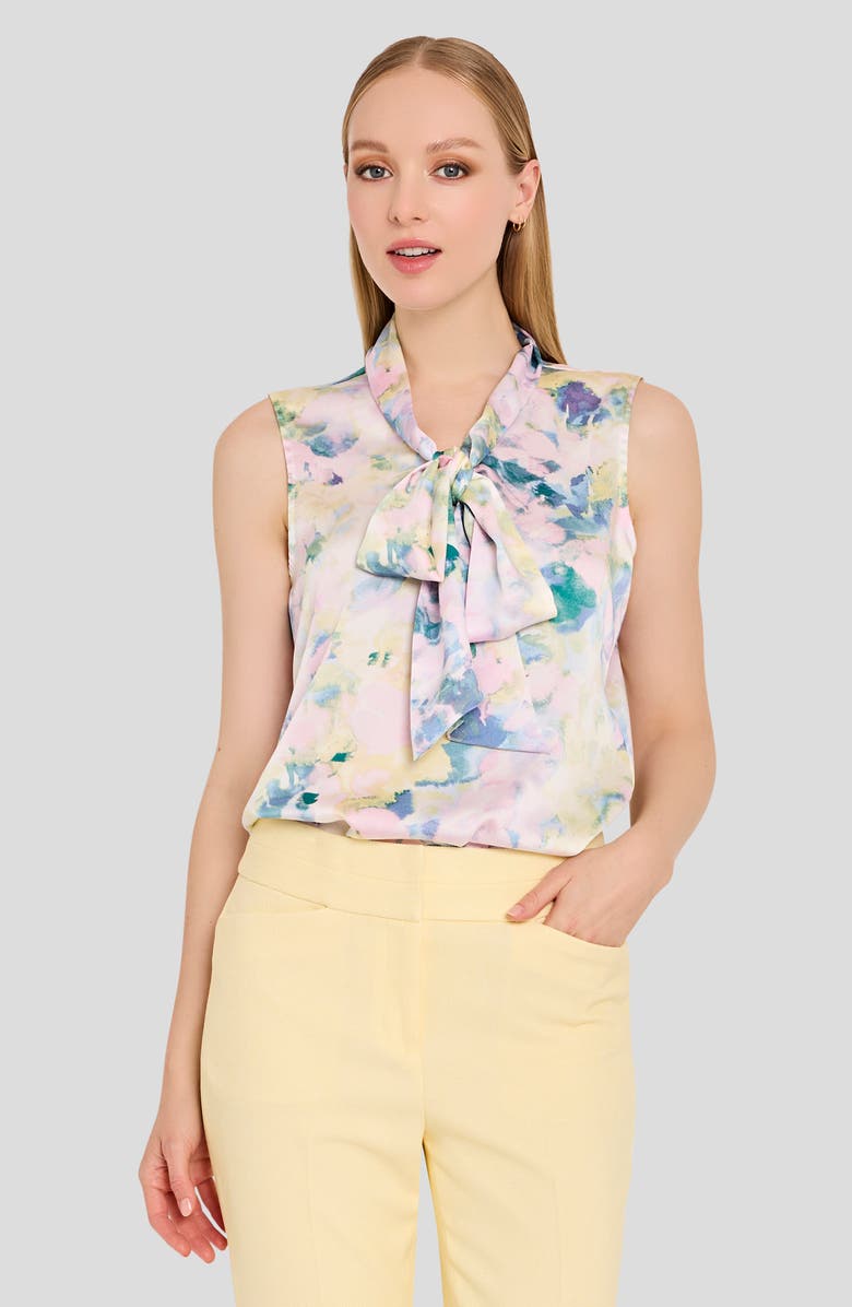 Tahari ASL Print Tie Neck Sleeveless Top, Alternate, color, Blush Buttercup