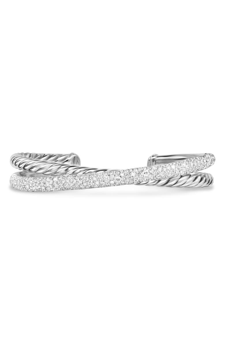 David Yurman Crossover Two-Row Cuff Bracelet in Sterling Silver with Diamonds, 11mm, Main, color, Sterling Silver - M