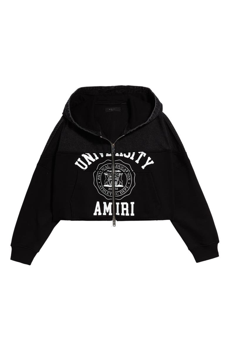 AMIRI Hybrid Denim & Terry Graphic Zip Crop Hoodie, Alternate, color, 