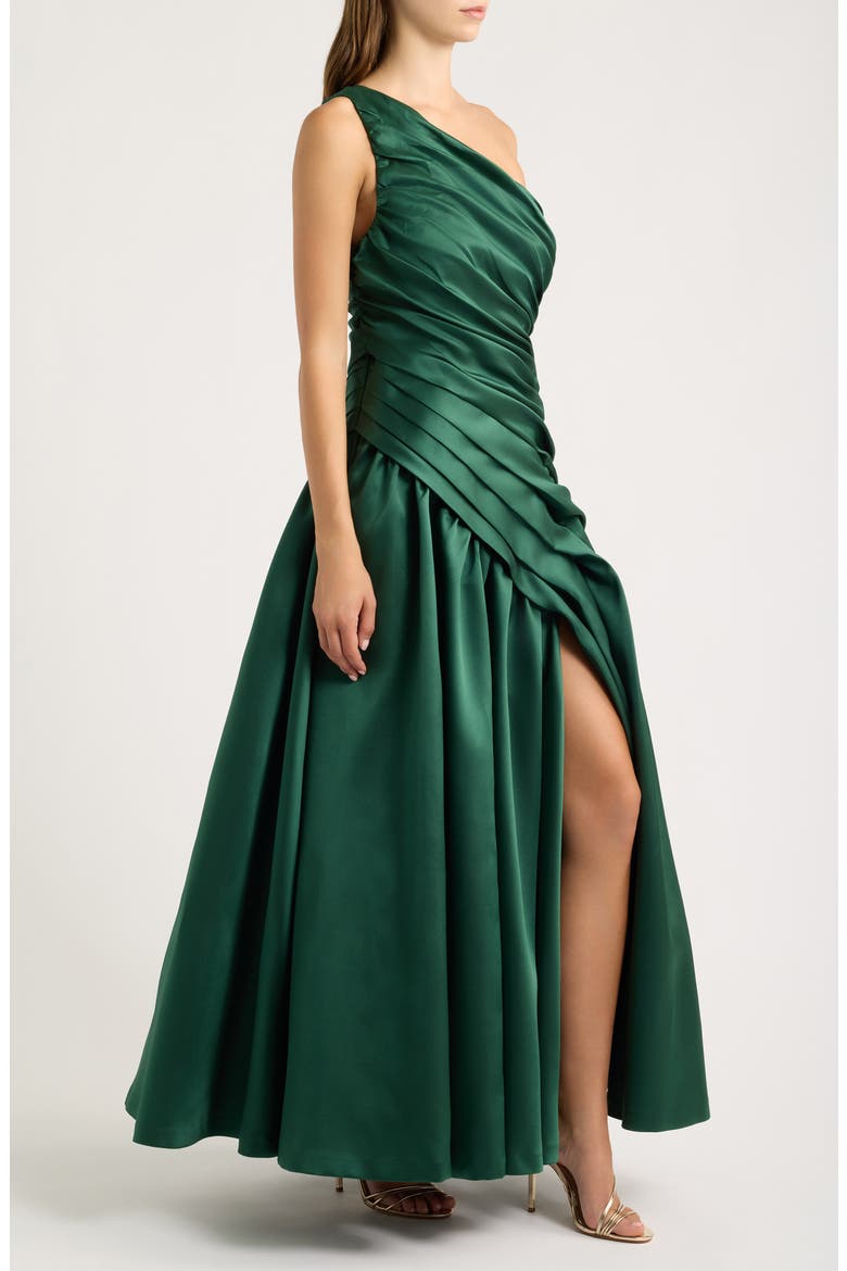 Lisa Ruched One-Shoulder Matte Satin Gown, Alternate, color, SPRUCE