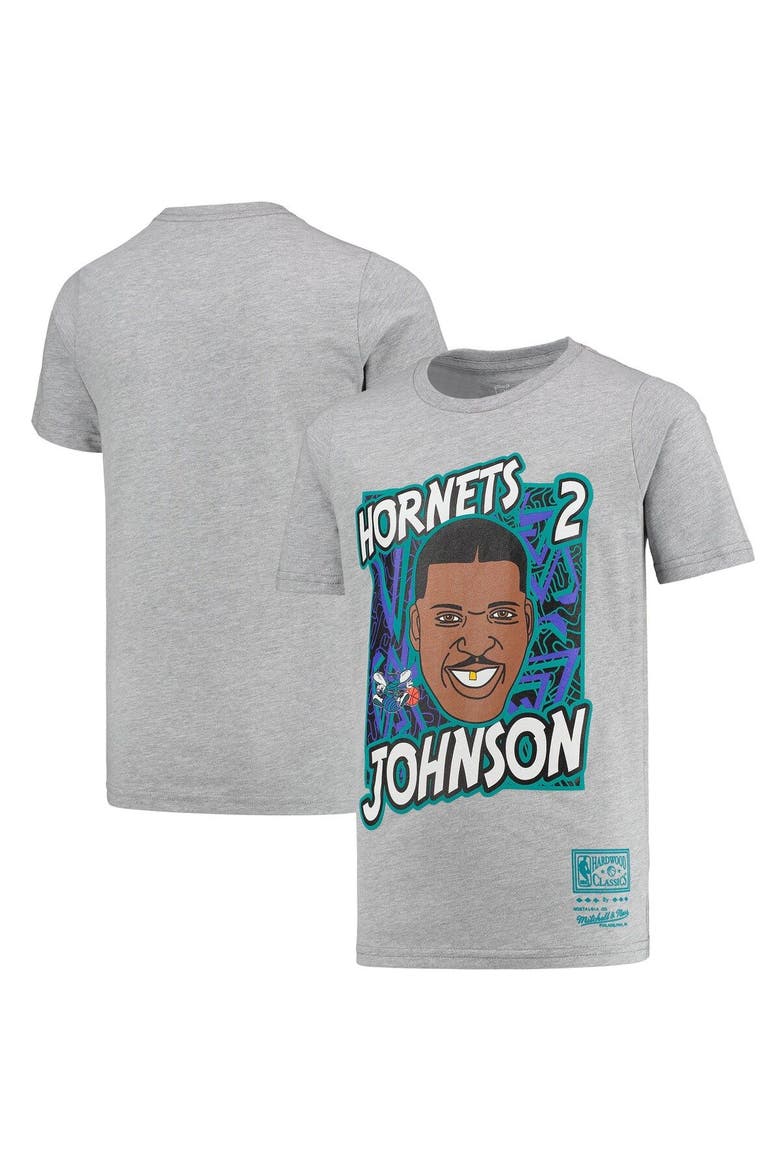 Youth Mitchell & Ness Larry Johnson Gray Charlotte Hornets Hardwood Classics King of the Court Player T-Shirt, Main, color, Heather Gray