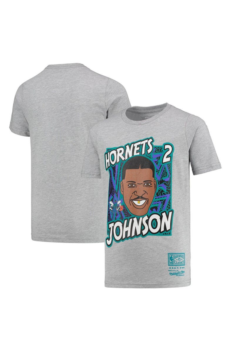 Mitchell & Ness Youth Mitchell & Ness Larry Johnson Gray Charlotte Hornets Hardwood Classics King of the Court Player T-Shirt, Main, color, Heather Gray