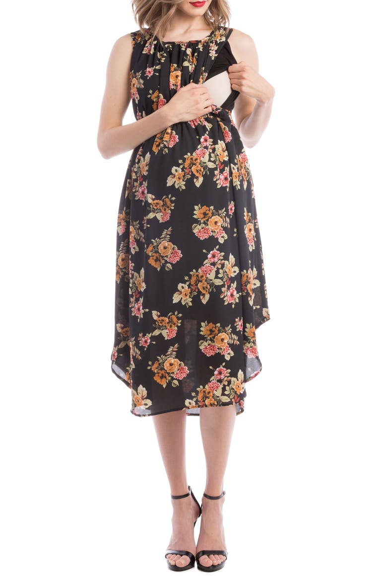 Grecian Maternity/Nursing Dress, Alternate, color, BLACK/ GOLD FLORAL