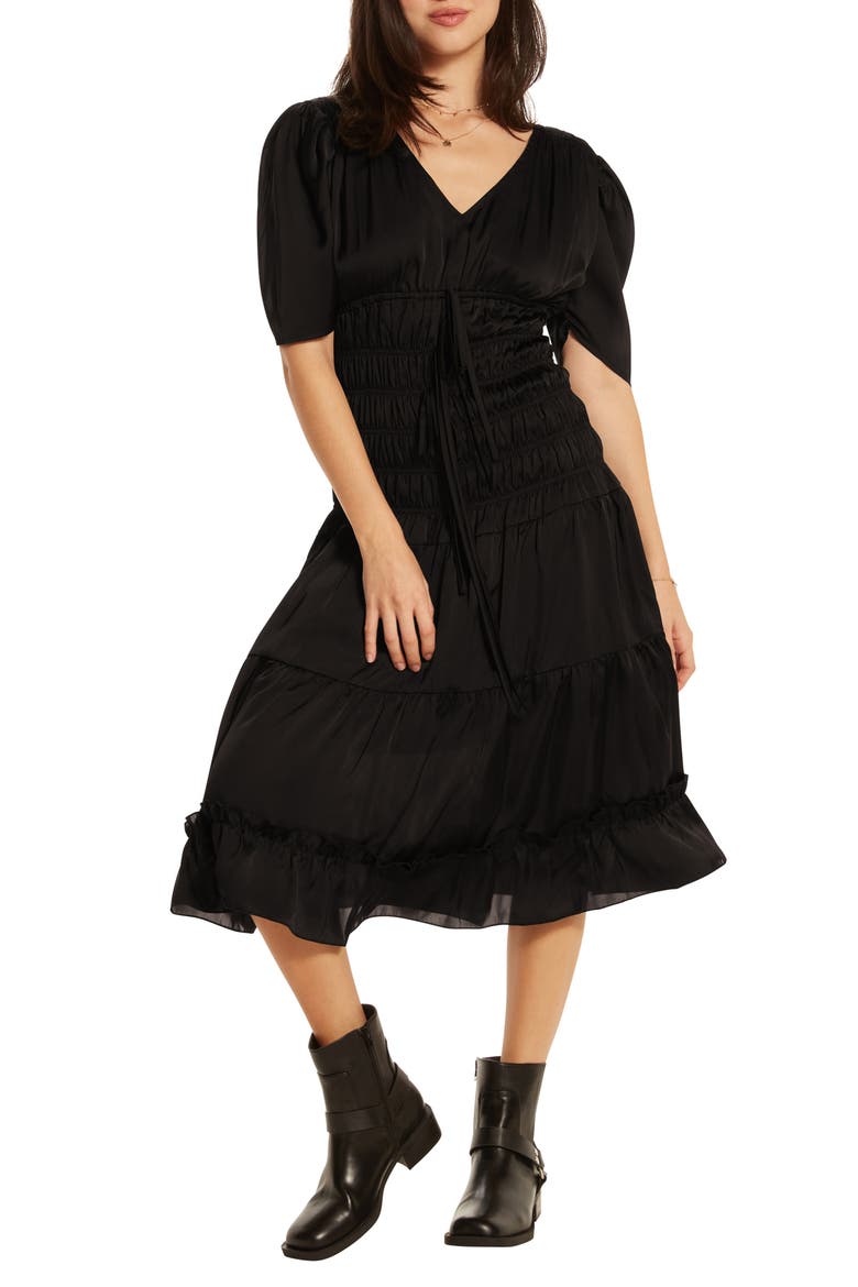 Short Sleeve Tiered Midi Dress, Main, color, BLACK