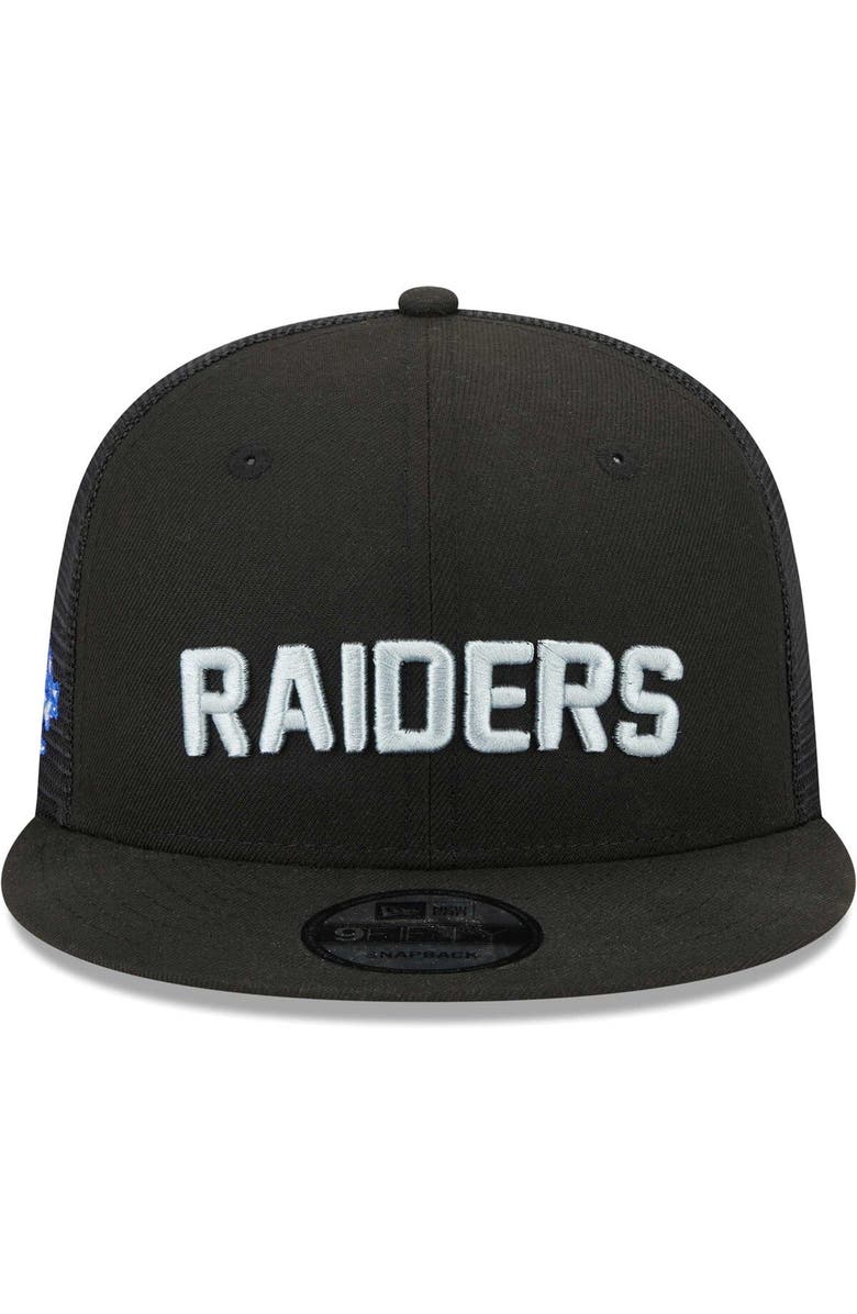 New Era Men's New Era Black Las Vegas Raiders Stacked Trucker 9FIFTY Snapback Hat, Alternate, color,