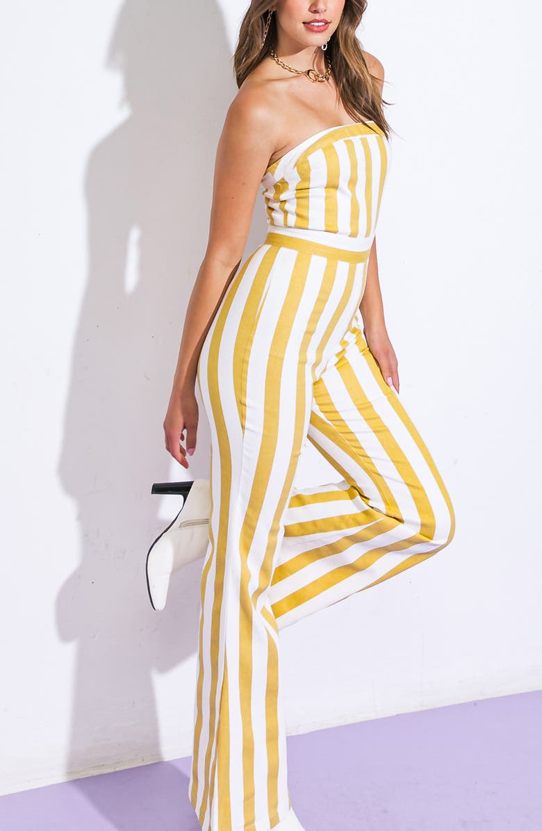 FLYING TOMATO Striped Strapless Jumpsuit, Alternate, color, Ivory Taupe