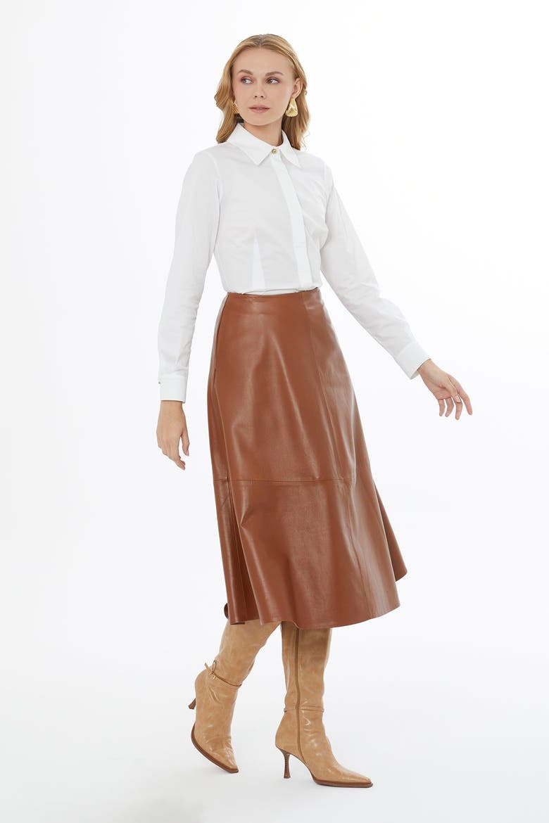 Lambskin Leather Flared Skirt with Back Zip, Alternate, color, Brown