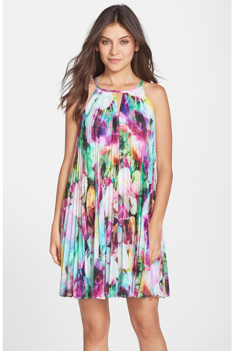Floral Print Chiffon Pleated A-Line Dress, Main, color, PINK MULTI