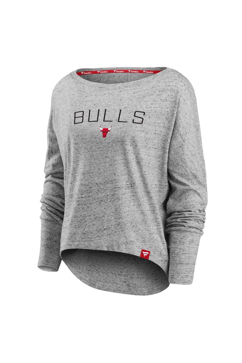 Women's Fanatics Branded Heathered Gray Chicago Bulls Nostalgia Off-The-Shoulder Long Sleeve T-Shirt, Alternate, color, Heather Gray