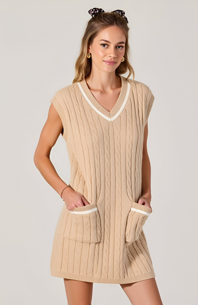 Modenaire Cable-Knit Mini Sweater Dress with Pockets, Alternate, color, Beige