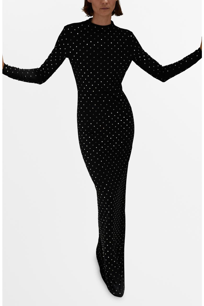 Selection Crystal Embellished Long Sleeve Maxi Dress, Main, color, BLACK