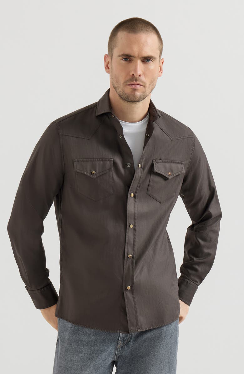 Brunello Cucinelli Garment-dyed chevron shirt, Alternate, color, Brown