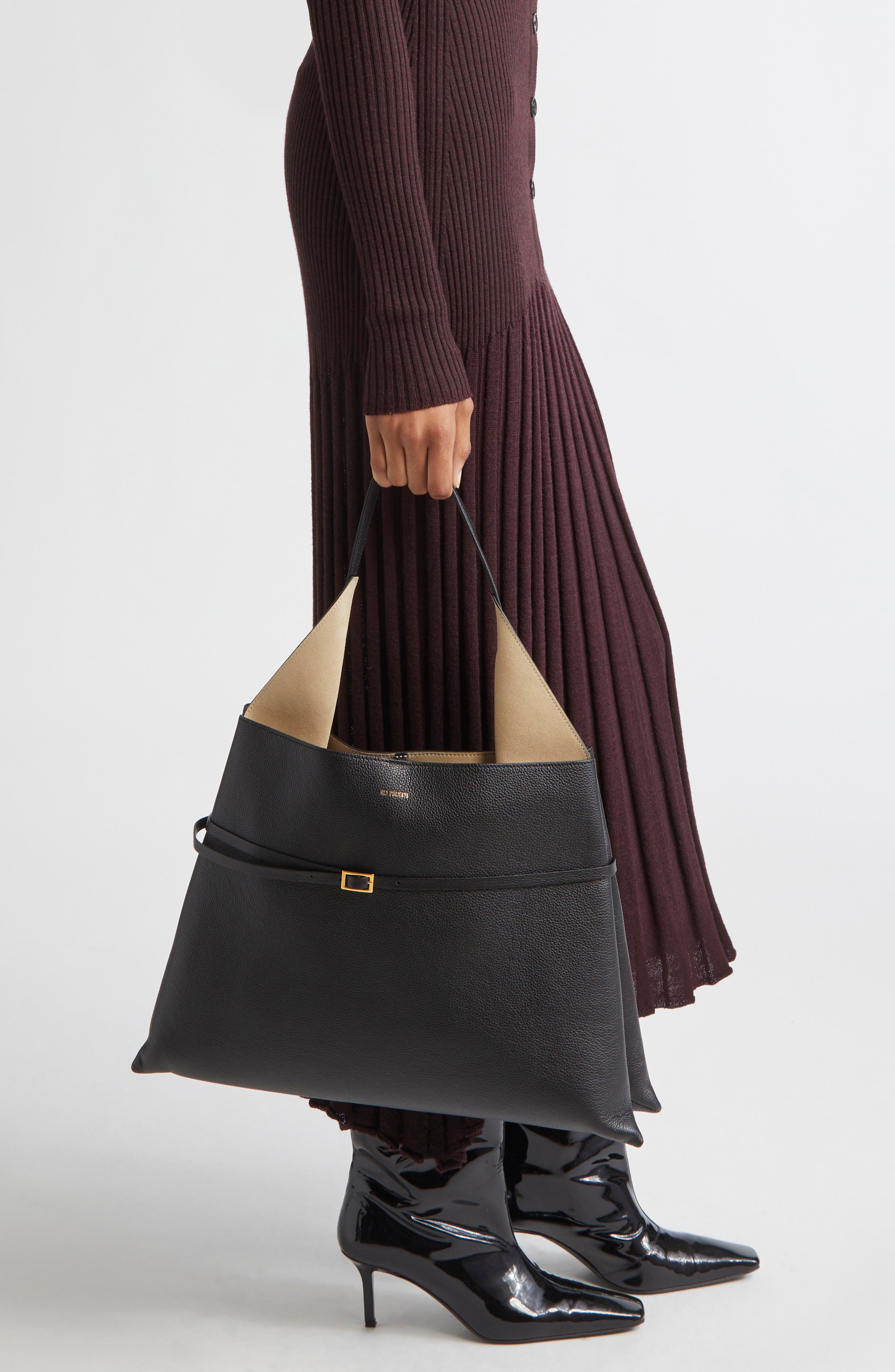 Ree Projects Clare Belted Leather Tote, Alternate, color, Black