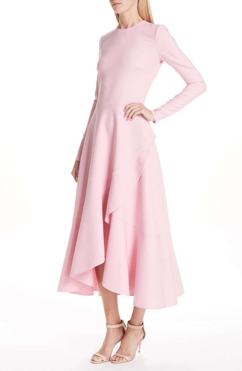 Oscar de la Renta High/Low Ruffle Hem Stretch Wool Midi Dress, Alternate, color,
