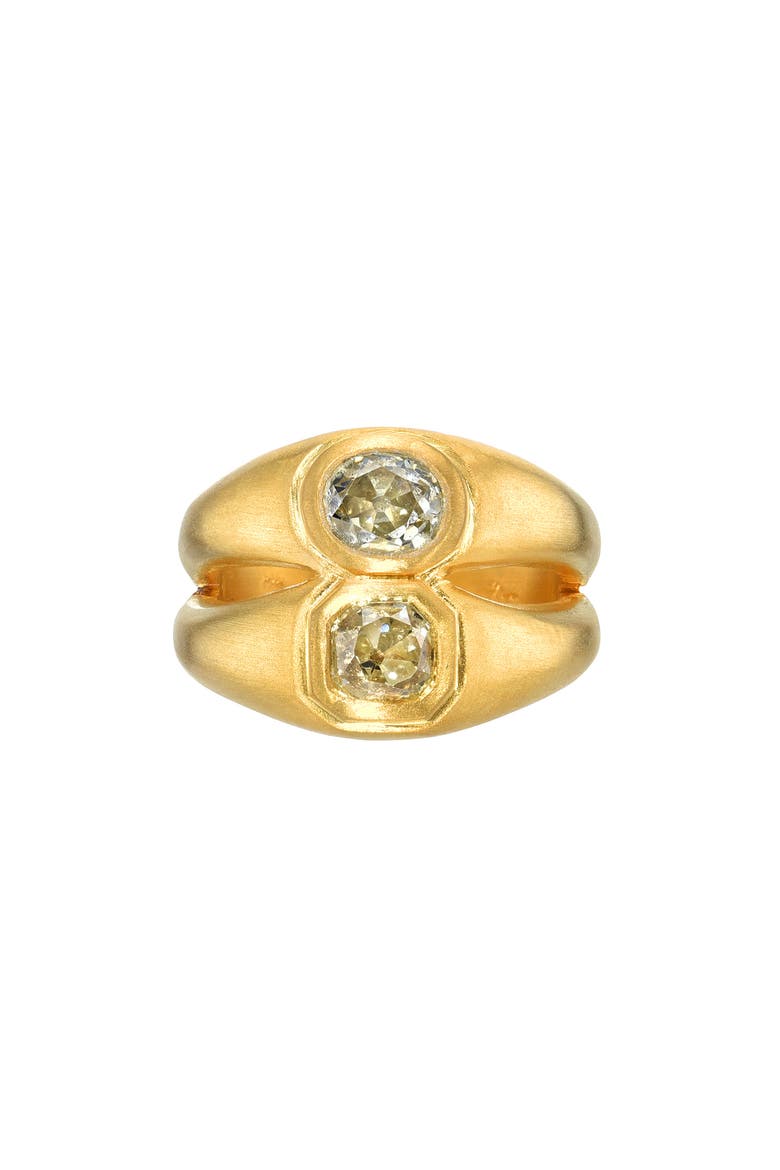 Old Mine Bezel Set Diamond Double Signet Ring, Main, color, GOLD/ DIAMOND/ EMERALD