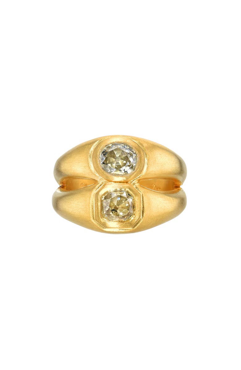 Darius Old Mine Bezel Set Diamond Double Signet Ring, Main, color, Gold/ Diamond/ Emerald