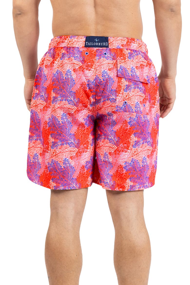 Leaves Print Swim Trunks, Alternate, color, CORAL