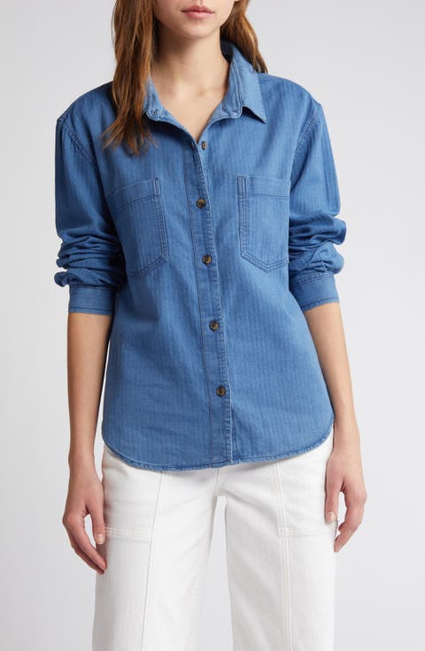 Herringbone Indigo Button-Up Shirt