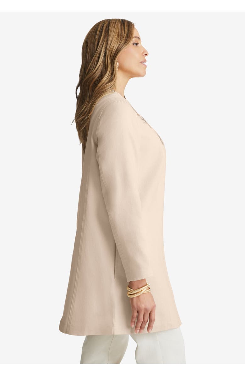 Jessica London Embroidered Denim Topper, Alternate, color, Green Animal Embroidery