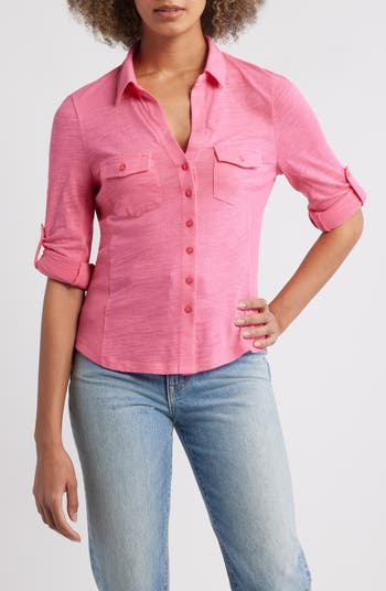 売れ筋商品|||オルセン カットソー トップス レディース Women's Rolled Sleeve Tab Shirt Capri blue melange Caslon® Roll Tab Knit Shirt | Nordstrom
