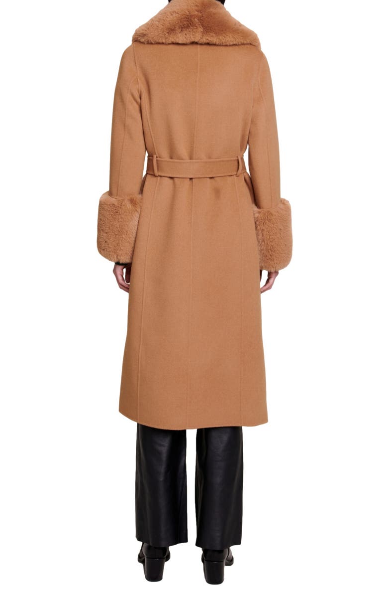 maje Wool Blend Belted Coat with Faux Fur Trim, Alternate, color, 