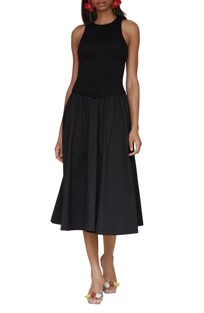 Avec Les Filles Sleeveless Mixed Media Fit & Flare Dress, Main, color, Black