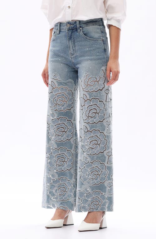 Bayeas Rhinestone High Waist Wide Leg Eyelet Jeans In Gray
