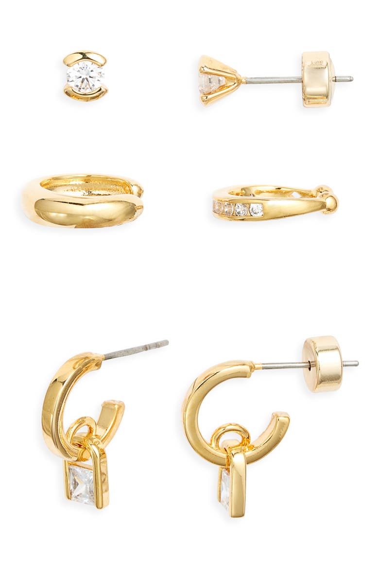 Set of 3 Cubic Zirconia Ear Cuffs, Stud & Drop Huggie Hoop Earrings, Main, color, CLEAR- GOLD