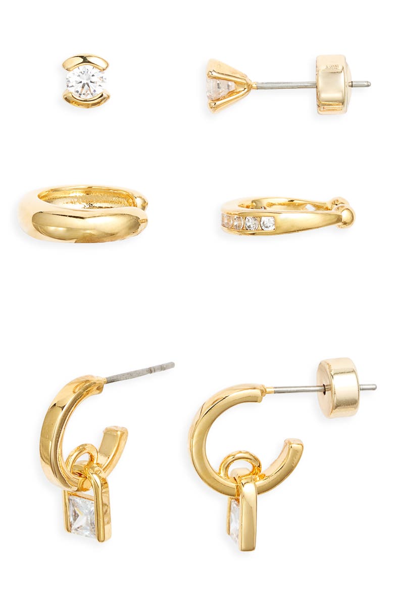 Nordstrom Set of 3 Cubic Zirconia Ear Cuffs, Stud & Drop Huggie Hoop Earrings, Main, color, Clear- Gold