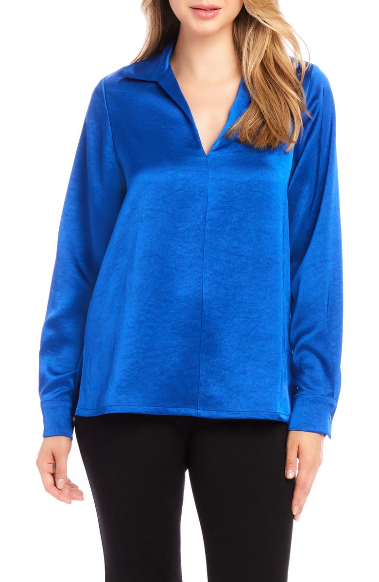 Karen Kane Satin Johnny Collar Popover Shirt, Main, color, Royal