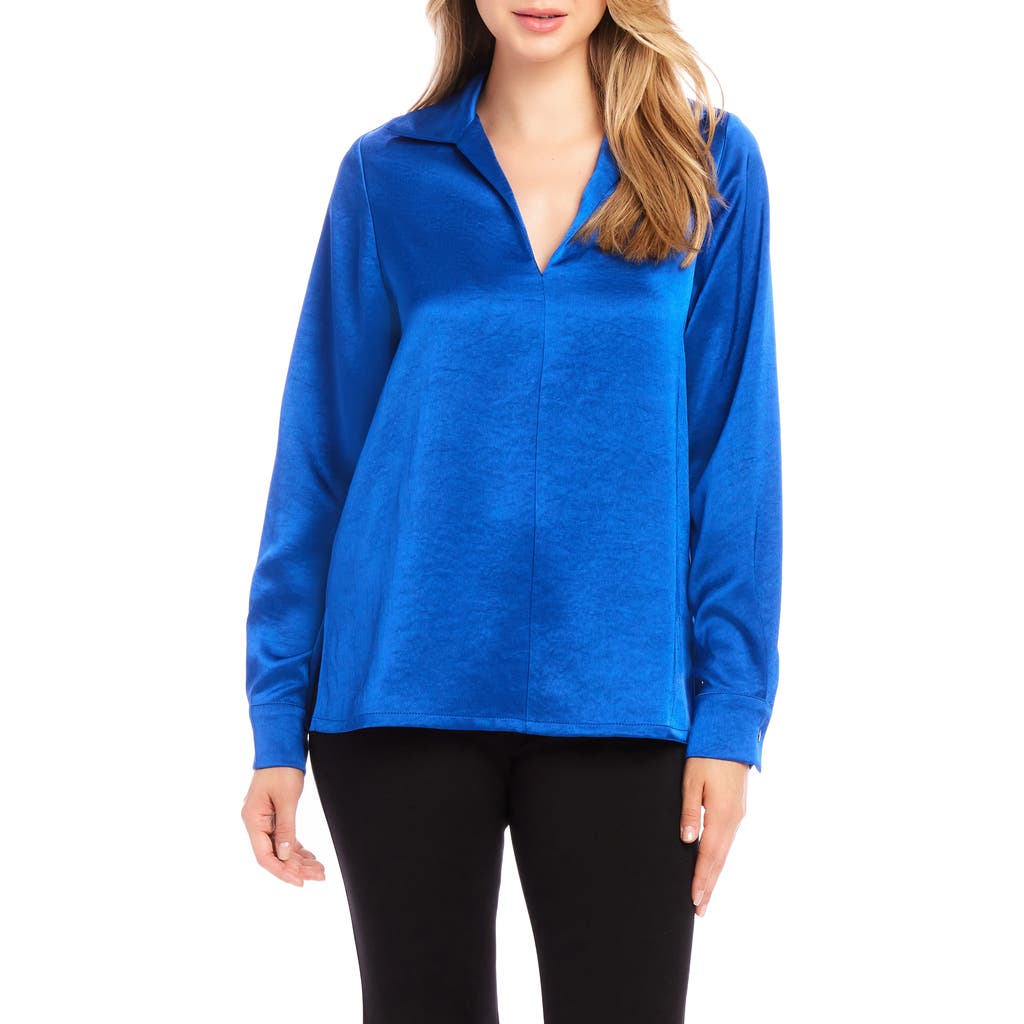 Karen Kane Satin Collared Long Sleeve Blouse In Royal In Blue