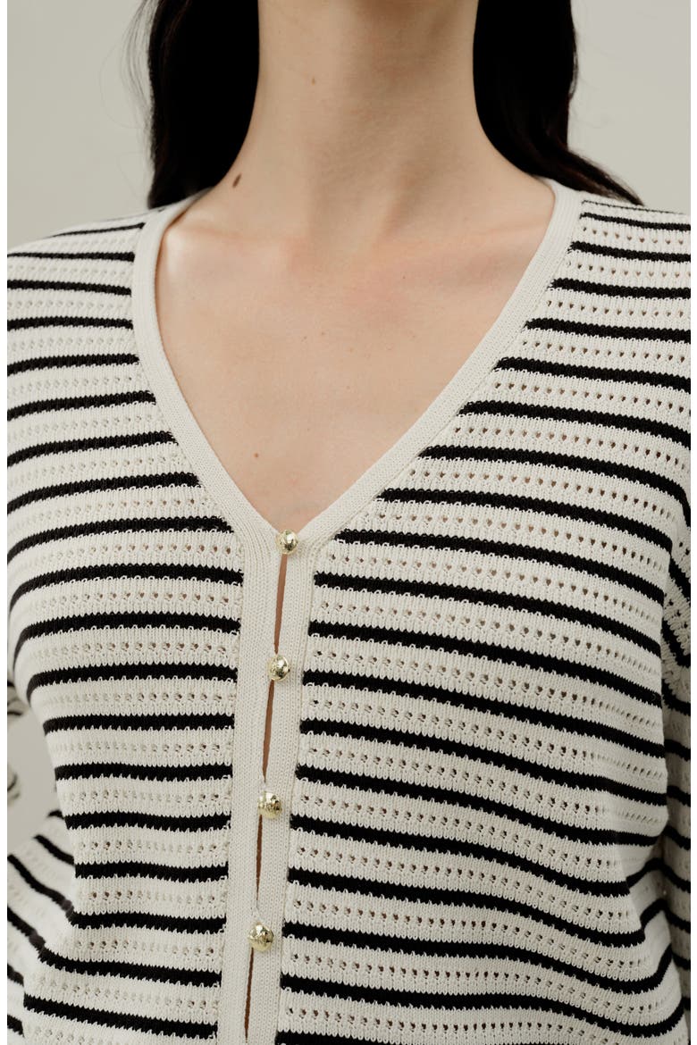 Women's Toscana Striped Pointelle Cardigan, Alternate, color, White With Black Stripes