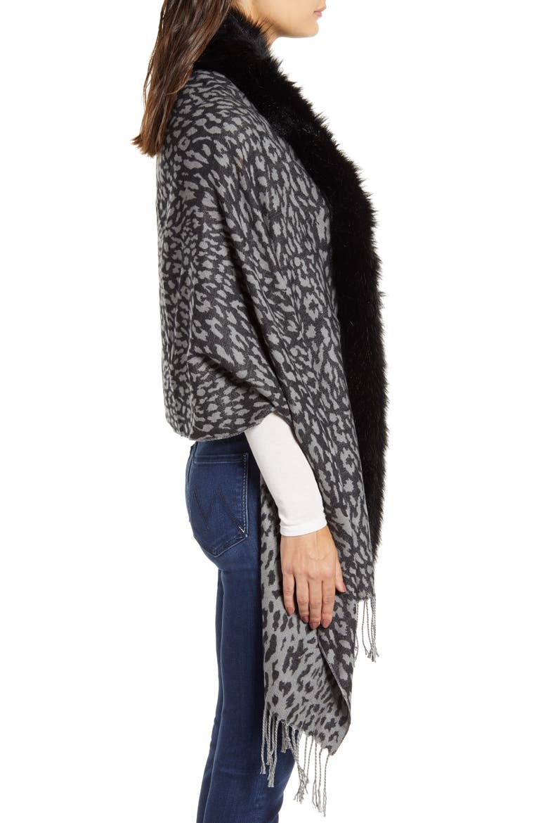 Faux Fur Trim Knit Wrap, Alternate, color, GREY LEOPARD