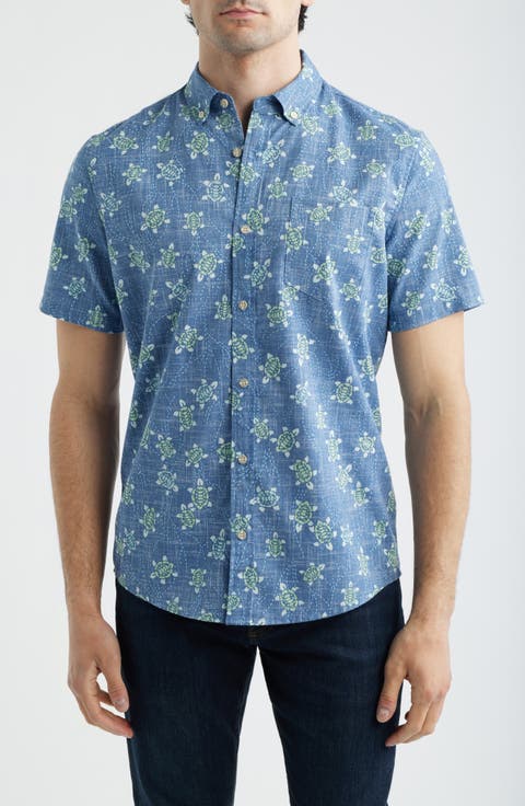Honu Holoholo Turtle Print Short Sleeve Cotton Blend Button-Down Shirt