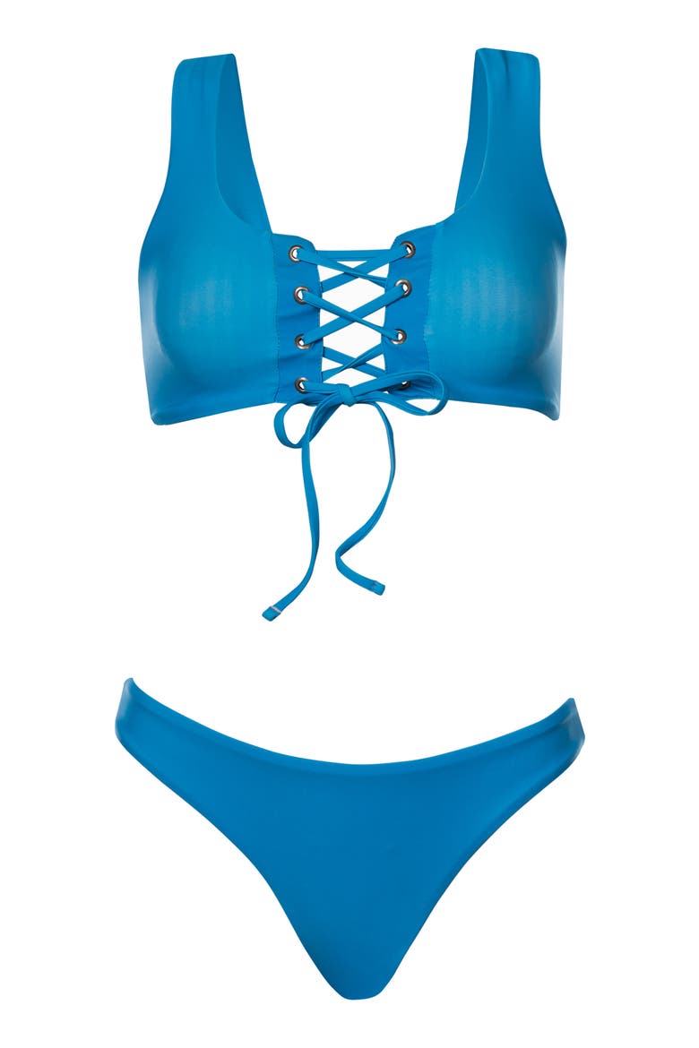 Blue Dazzle Lace-Up Reversible Bikini Top, Alternate, color, BLUE
