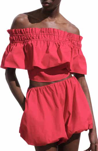 MANGO Ruffle Detail Strapless Cotton Crop Top