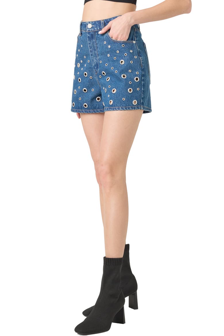Grommet High Waist Denim Shorts, Alternate, color, SILVER DREAMS