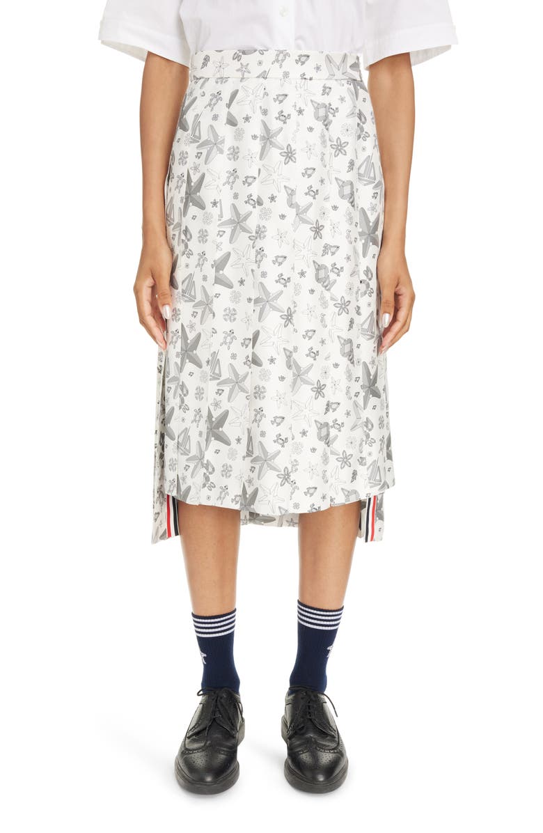 Thom Browne Nautical Crystal Print Drop Back Pleated Silk Skirt, Main, color, 