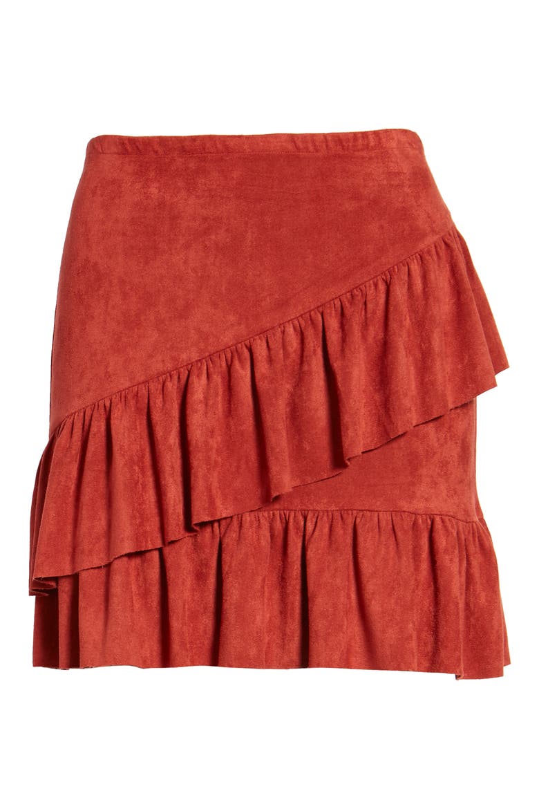 Faux Suede Ruffle Miniskirt, Alternate, color, TERRACOTTA