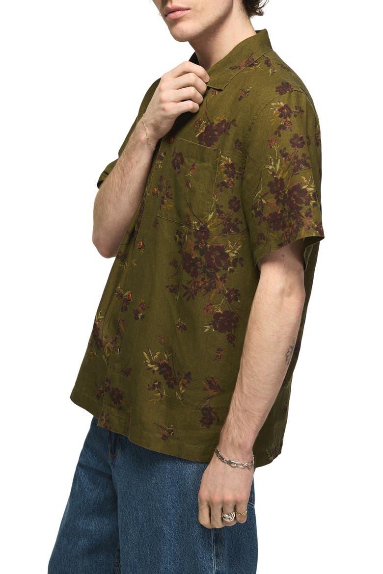 Printed Linen and Cotton Camp Shirt, Alternate, color, OLIVE PRINT